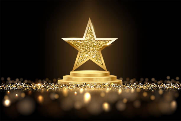 Golden three step podium with star glowing. Gold stage with glitter and light smoke on dark background. Hollywood fame in film and cinema or championship in sport vector illustration Golden three step podium with star glowing. Gold stage with glitter and light smoke on dark background. Hollywood fame in film and cinema or championship in sport vector illustration. nomination stock illustrations