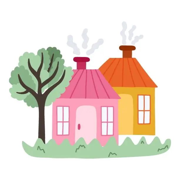 Vector illustration of Cute hand drawn country house with door, window, chimney. Cozy village cottage with tree and lawn for kid's bedroom or nursery design. Exterior of home, village buildings, countryside home landscape