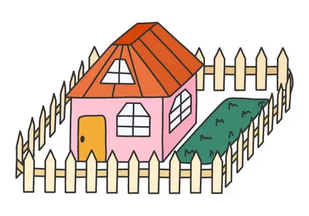 Vector illustration of Cute hand drawn country house with door, window, attic. Cozy village cottage with fence, flowers for kid's bedroom or nursery design. Exterior of home, village buildings, countryside home landscape