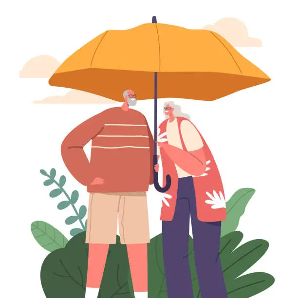Vector illustration of Senior Couple Characters Stand Under Umbrella, Symbolizing Family Protection. Love And Support Depicted In Their Embrace