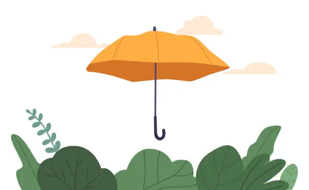 Vector illustration of Yellow Umbrella, Portable Shelter Device That Protects Against Rain Or Sun. Open Parasol With A Collapsible Frame