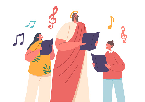 Jesus Character Surrounded By Joyful Children, Singing Chorals With Notes In Their Hands. A Heartwarming Scene Capturing Innocence, Faith, And The Power Of Music. Cartoon People Vector Illustration