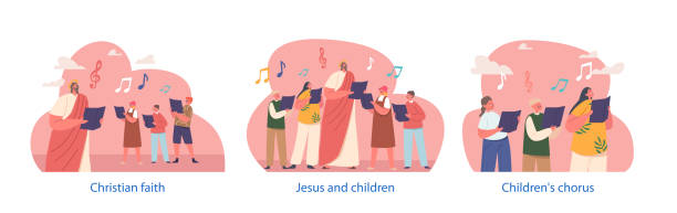 ilustrações de stock, clip art, desenhos animados e ícones de isolated elements with jesus and children singing chorals with notes in their hands, radiating joy and harmony - choir elements
