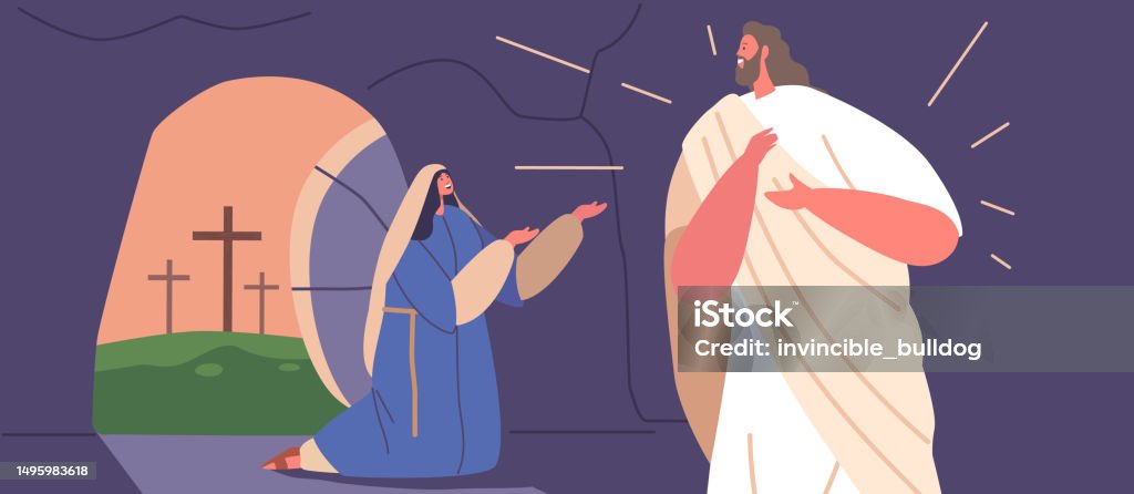 Mária Magdolna karaktere találkozott Jézussal egy barlangban a feltámadása után, és megtapasztalta a hatalmas - Jogdíjmentes Jesus Christ témájú vektoros stock alkotások Mária Magdolna karaktere találkozott Jézussal egy barlangban a feltámadása után, és megtapasztalta a hatalmas - Jogdíjmentes Jesus Christ témájú vektoros stock alkotások