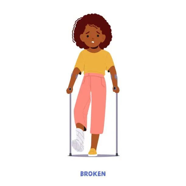 Vector illustration of Child Girl Character With Foot Fracture, Wearing A Cast Or Splint, Experiencing Limited Mobility, Vector Illustration