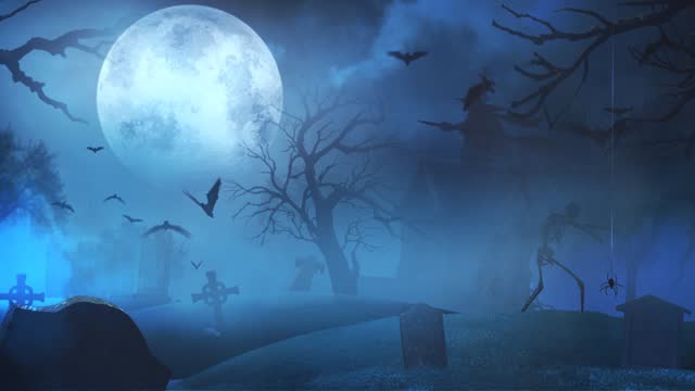 Graveyard at Midnight with Full Moon Skeleton and Witch 4K