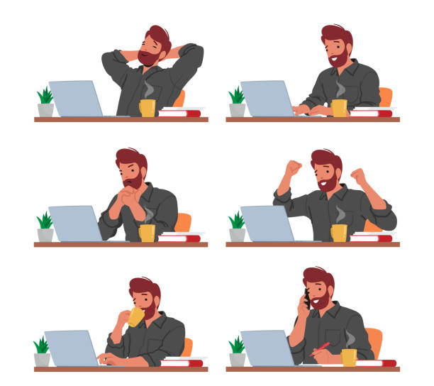 illustrations, cliparts, dessins animés et icônes de un personnage masculin travaille sur son ordinateur portable avec diverses émotions. homme faisant preuve de concentration, de frustration, de joie, de détermination - sadness human face depression smiley face