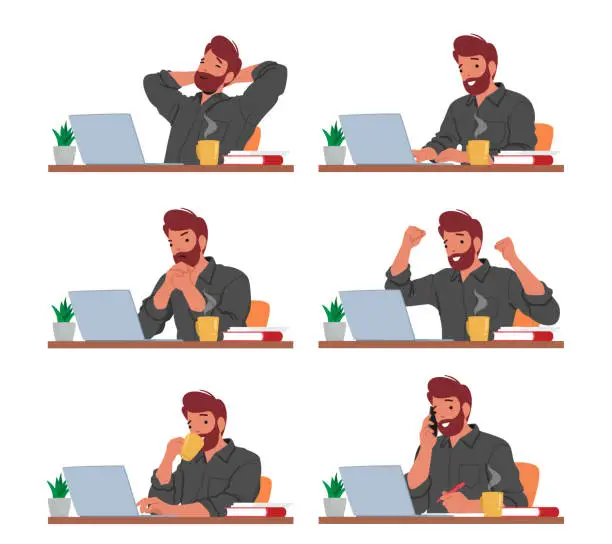 Vector illustration of Male Character Works On His Laptop With Various Emotions. Man Displaying Focus, Frustration, Joy, Determination