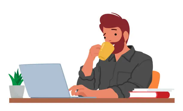Vector illustration of Man Sits At His Laptop, Sipping Coffee, Engrossed In His Work. Male Character Navigates Through His Tasks With Focus