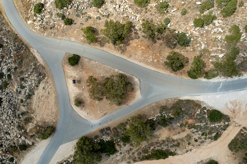 Drone aerial of countryside rural empty road. Dry land. Cyprus