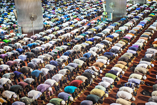 Muslim Praying Together in Istiqlal Mosque, the biggest mosque in South East Asia, located in Jakarta, Indonesia.