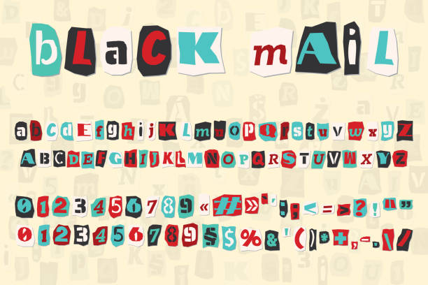 ilustrações de stock, clip art, desenhos animados e ícones de color ransom collage style letters numbers and punctuation marks cut from newspapers and magazines. vintage abc collection. red, white, black and azure punk alphabet typography vector illustration - letter text bribing alphabet