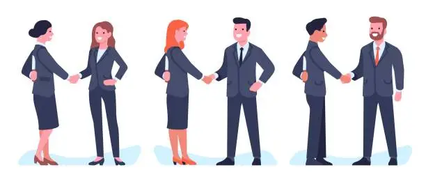 Vector illustration of Treachery and lie. Betrayal handshakes. Two businessmen shaking hands. People holding knife behind back. Fake partnership. Deceit negotiation and deal. Vector unreliable partners set