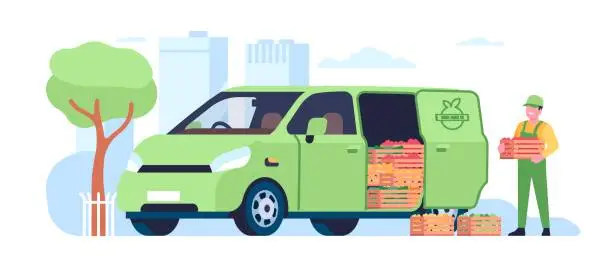 Vector illustration of Delivery of farm fresh fruits and vegetables. Deliveryman holding box of natural products. Man loading crates into automobile van. Agriculture harvest. Courier in uniform. Vector concept