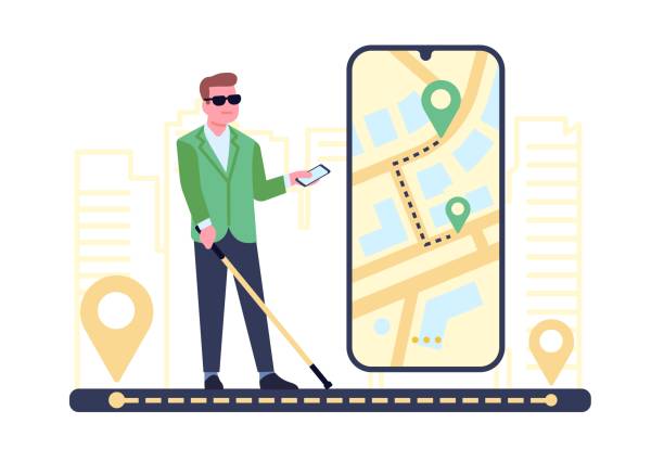Mobile app for blind people. Smartphone online application for city navigation helps sightless man. Walking route. GPS pin icons. Disabled guy with cellphone and stick. Vector concept Mobile app for blind people. Smartphone online application for city navigation helps sightless man. Streets map. Walking route. GPS pin icons. Disabled guy with cellphone and stick. Vector concept visual impairment phone stock illustrations