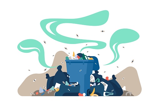 Stinking pile of garbage with flies flying over it. Overloaded dirty trash cans. Rubbish heap on street. Urban dump. Smelly full dumpster and bags. Road landfill with unsorted refuse. Vector concept