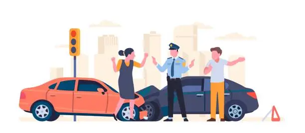 Vector illustration of Police officer stopped conflict between drivers involved in traffic accident. Automobiles collision. Smashed cars. Man and woman quarrel. Policeman talking with angry people. Vector concept