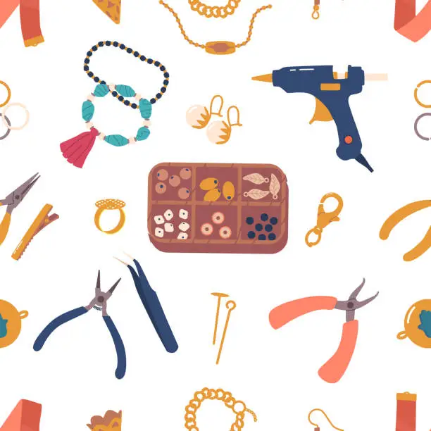 Vector illustration of Elegant And Intricate Seamless Pattern Featuring Various Jewelry Fittings And Tools, Perfect For Adding Touch Of Glamour