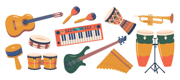 Vibrant Set Of Musical Instruments for Playing Reggae Music. Drums, Guitar, Keyboard, And Percussion Vector Illustration Vibrant Set Of Musical Instruments for Playing Reggae Music. Drums, Guitars, Keyboard, And Percussion for Groovy And Rhythmic Sound That Transports You To Tropical Islands. Cartoon Vector Illustration cartoon of a african bongo drums stock illustrations