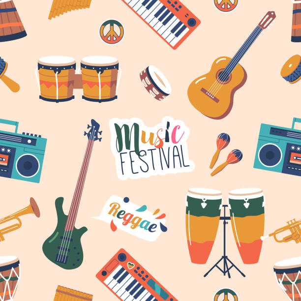 Seamless Pattern Featuring Variety Of Musical Instruments, Perfect For Reggae Music Lovers. Vibrant And Rhythmic Design Seamless Pattern Featuring Variety Of Musical Instruments, Perfect For Reggae Music Lovers. Vibrant And Rhythmic Design, Creating Harmonious And Melodic Visual Experience. Cartoon Vector Illustration cartoon of a african bongo drums stock illustrations