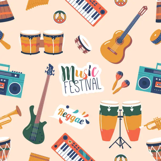 Vector illustration of Seamless Pattern Featuring Variety Of Musical Instruments, Perfect For Reggae Music Lovers. Vibrant And Rhythmic Design