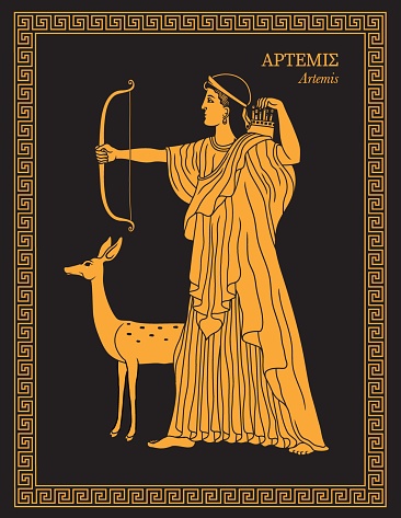 Vector illustration of Artemis, Greek goddess of the hunt, the wilderness, wild animals, nature, vegetation, childbirth, care of children, and chastity