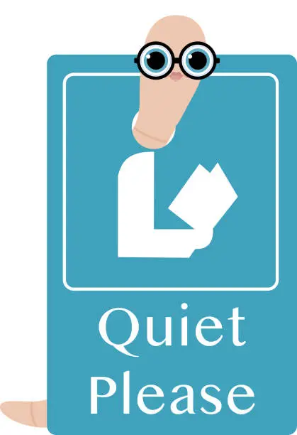 Vector illustration of BookWorm Squirms Through Quiet Please Sign