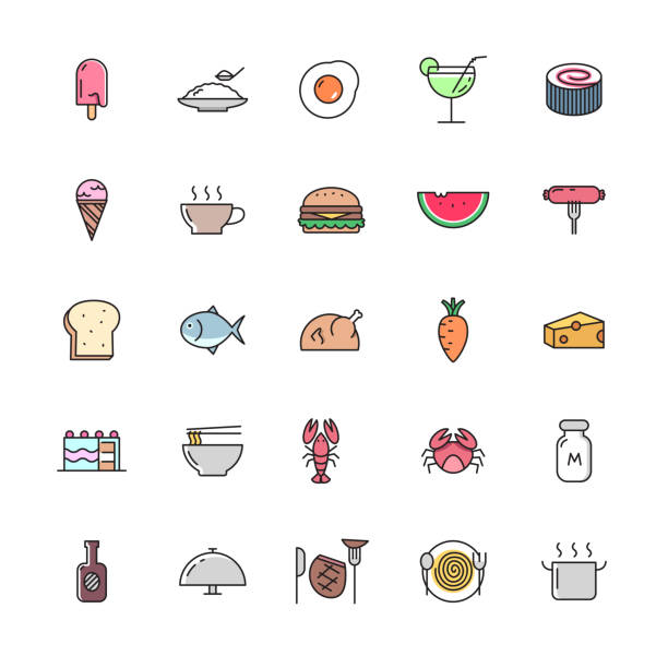 vector food and beverage icon set Set of food and drink icons, kitchenware symbols, black line drawings. black meat tray stock illustrations