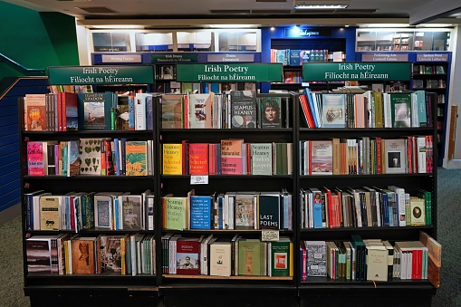 Dublin - March 2023:  The Irish are noted for their poetry, and this Dublin bookstore displays a large selection