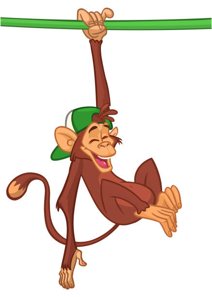 Cute baby monkey hanging on tree branch, swinging and waving with paw. Colored flat vector illustration of smiling and playing animal character isolated on white background Cute baby monkey hanging on tree branch, swinging and waving with paw. Colored flat vector illustration of smiling and playing animal character isolated on white background. clip art of a monkey holding banana stock illustrations