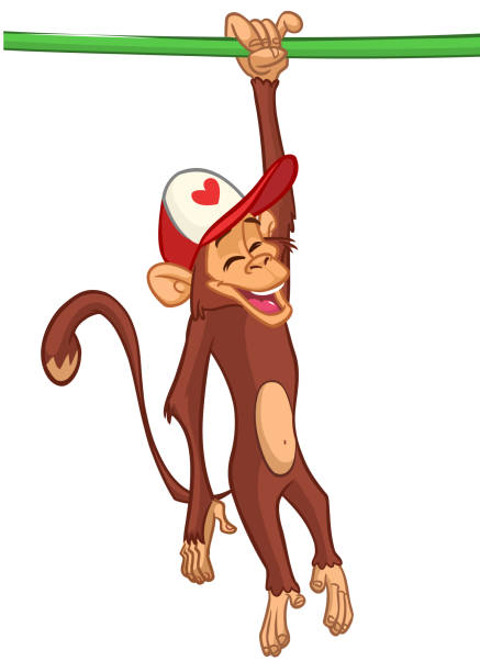 Cartoon monkey chimpanzee handing upside down on the tree branch or liana. Vector illustration of happy monkey character Cartoon monkey chimpanzee handing upside down on the tree branch or liana. Vector illustration of happy monkey character. clip art of a monkey holding banana stock illustrations