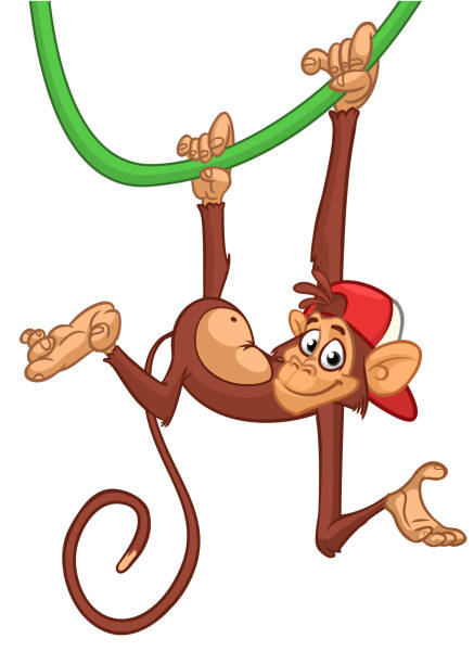 Cartoon monkey chimpanzee handing upside down on the tree branch or liana. Vector illustration of happy monkey character Cartoon monkey chimpanzee handing upside down on the tree branch or liana. Vector illustration of happy monkey character. clip art of a monkey holding banana stock illustrations