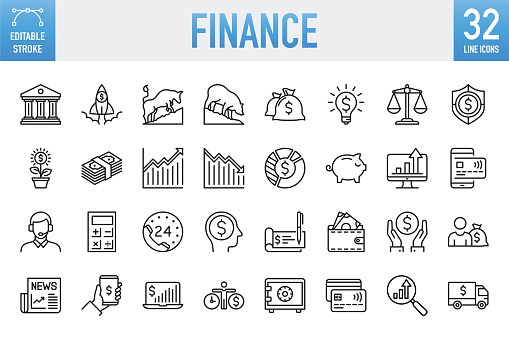 Finance Icons Collection - Thin line vector icon set. 32 linear icon. Pixel perfect. Editable stroke. For Mobile and Web. The set contains icons: Finance, Saving Money, Bank, Banking, Capital, Financial Control, Money  Management, Investment