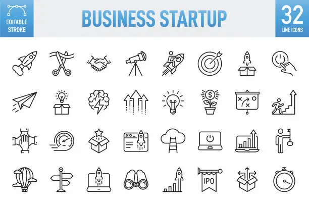 Vector illustration of Business Startup - Thin line vector icon set. Pixel perfect. Editable stroke. For Mobile and Web. The set contains icons: Startup, Launch Event, Beginnings, New Business, Motivation, Rocket, Opening, Handshake, Finance, Making Money, Investment