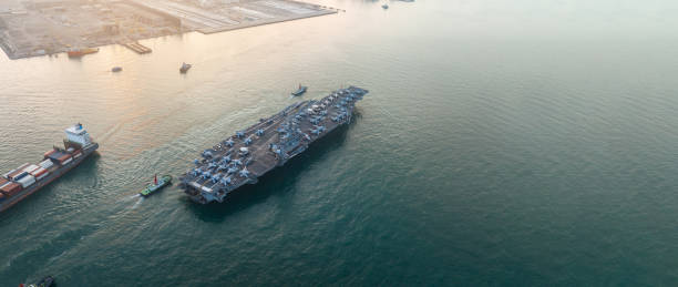 istock Nuclear War Ship, Military navy ship carrier full loading fighter jet aircraft for prepare troops. forwarder mast. Side view of War Ship. 1495996881