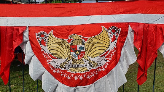 Bogor, 2022 - Red and white flag with the symbol of the Garuda Pancasila bird