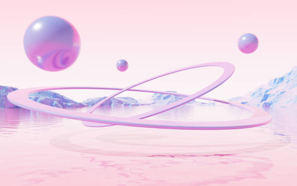 istock Abstract balls and ring with water surface and mountains background, 3d rendering. 1496000286