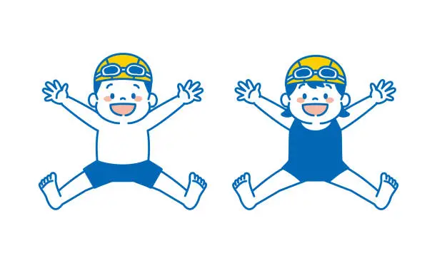 Vector illustration of Illustration of Kids in Swimming Suit Jumping in Air