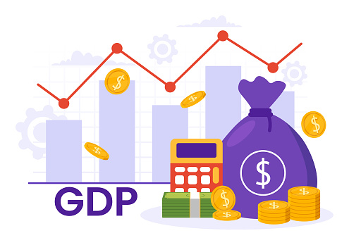 GDP or Gross Domestic Product Vector Illustration with Economic Growth Column and Market Productivity Chart in Flat Cartoon Hand Drawn Templates