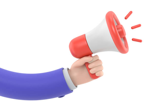 istock Cartoon Gesture Icon Mockup.3d hand holding yellow megaphone realistic icon, 3D rendering on white background. 1496005460