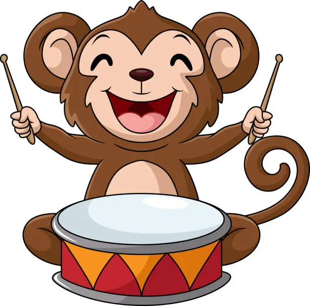 Vector illustration of Cute little monkey cartoon playing drums