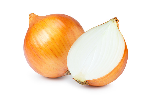 Fresh onion and cut in half sliced isolated on white background.