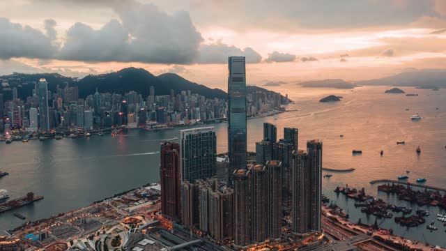 Timelapse Aerial view of Hong Kong financial district, China.