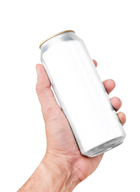 istock Hand hold mockup shiny aluminum can isolated on white background with clipping path 1496014707