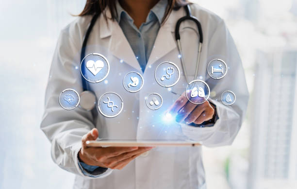 istock Medicine doctor working and touching on hologram modern virtual screen interface, Healthcare and futuristic technology concept 1496016388