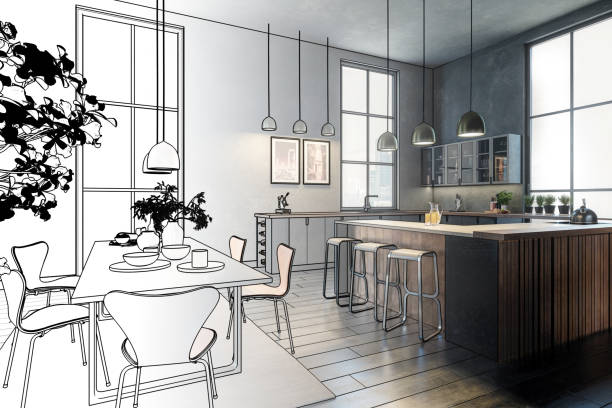 istock Furnishing Inside a Modern Stylish Panorama Loft Apartment (illustration) - 3D Visualization 1496019602