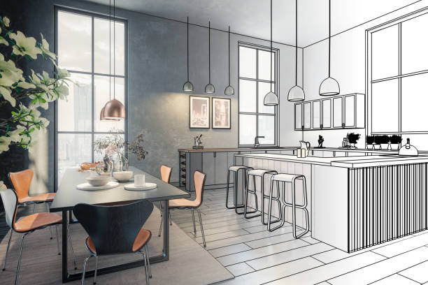 istock Furnishing Inside a Modern Stylish Panorama Loft Apartment (project) - 3D Visualization 1496019646