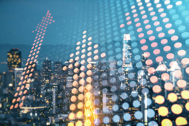 istock Virtual upward arrows illustration on San Francisco skyline background. Breakthrough and progress concept. Multiexposure 1496019938