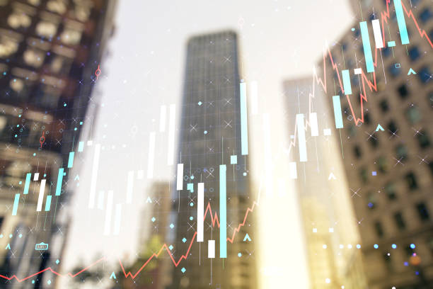 Double exposure of abstract financial graph on office buildings background, forex and investment concept stock photo