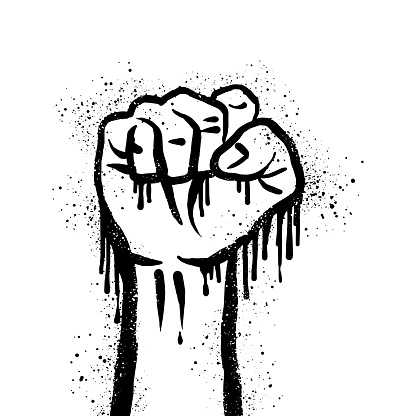 Spray painted graffiti fist hand on black over white. Demonstration, protest drip symbol. isolated on white background. vector illustration
